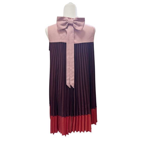 TED BAKER Trapeze Colorblock Dress Pleated Sleeveless SZ 2 Bow Pink Red Purple - Picture 5 of 13
